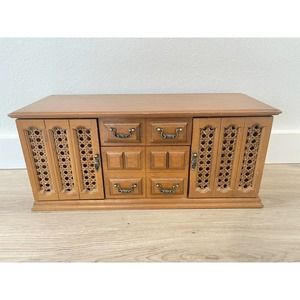 Vintage Mid Century Wooden Boho Jewelry Box Dresser 8 Drawers Cane Doors 16”